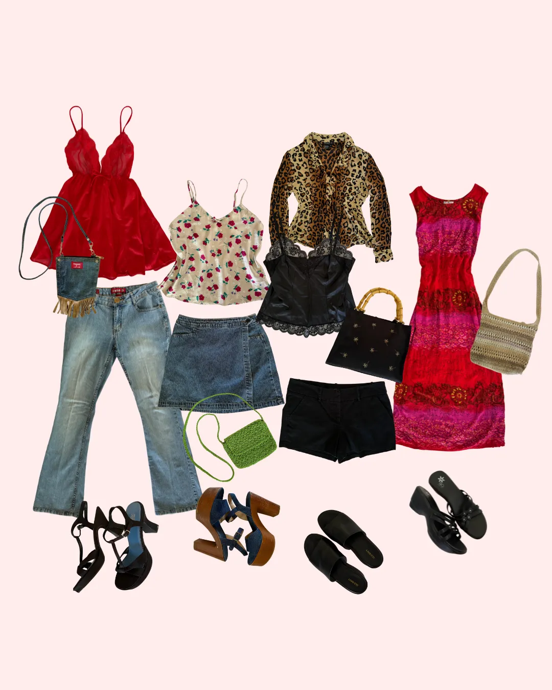 A flat-lay of vintage pieces from Locket Vintage — a red slip, floral cami, leopard jacket, denim, a beaded bag, and heeled sandals.