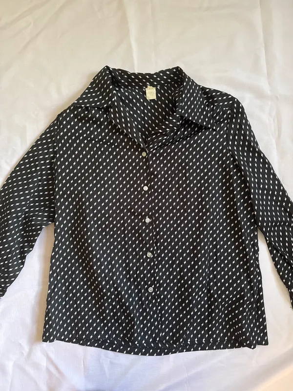 60s/70s Black & White Print Long-Sleeve Button-Down