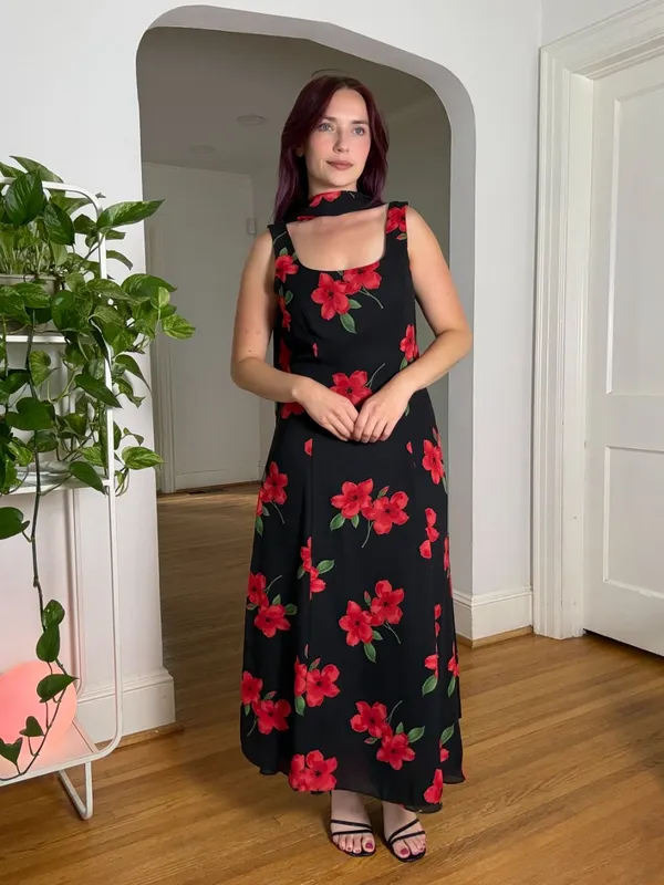 90s Black & Red Floral Dress with Matching Scarf