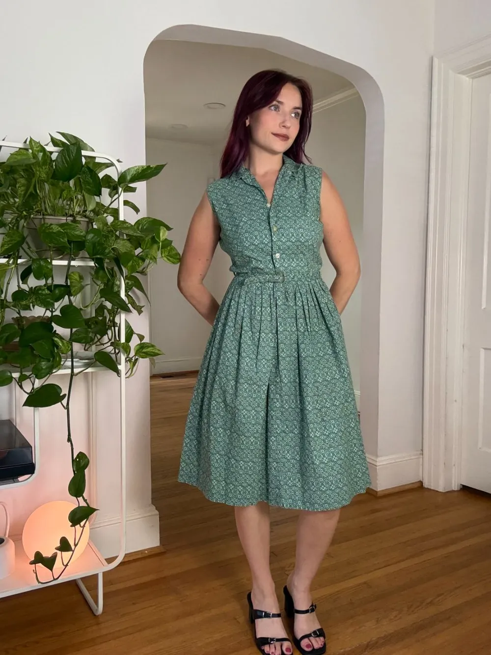 50s Green Geometric Floral Print Midi Dress photo 1