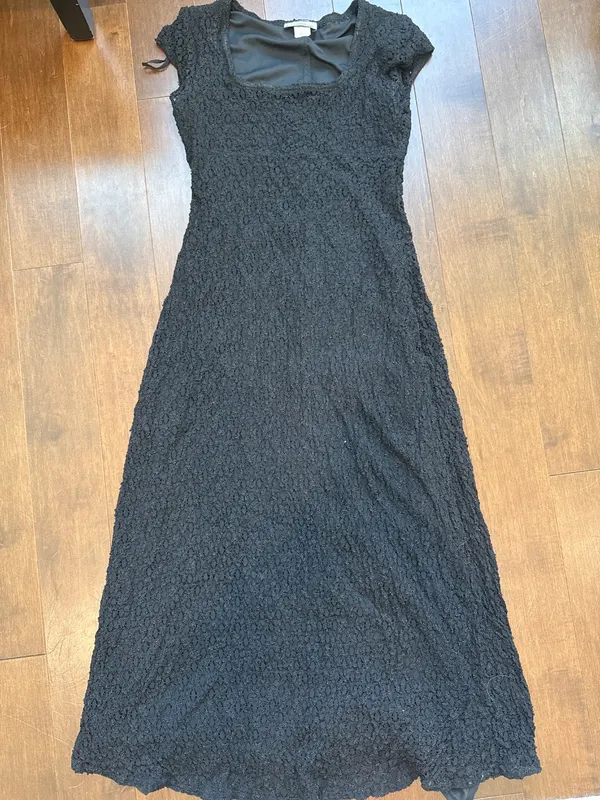 90s Long Black Textured Dress Cap Sleeves