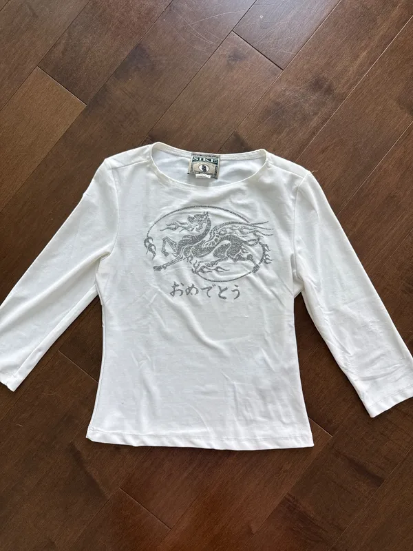 Y2K White Sparkly Dragon Top