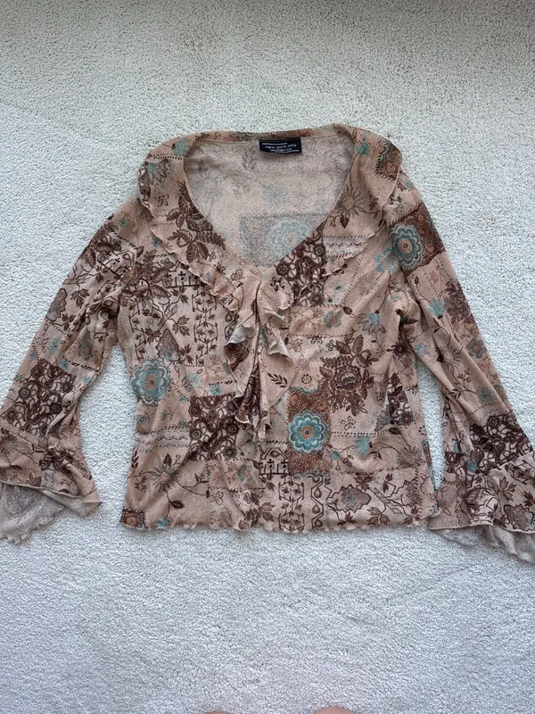 Y2K Brown Ruffle Floral Print Top