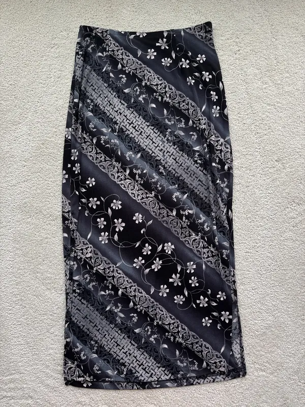 Y2K Black Floral & Greek Pattern Skirt