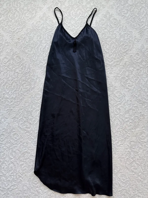 80s Long Black Tassel Slip Dress