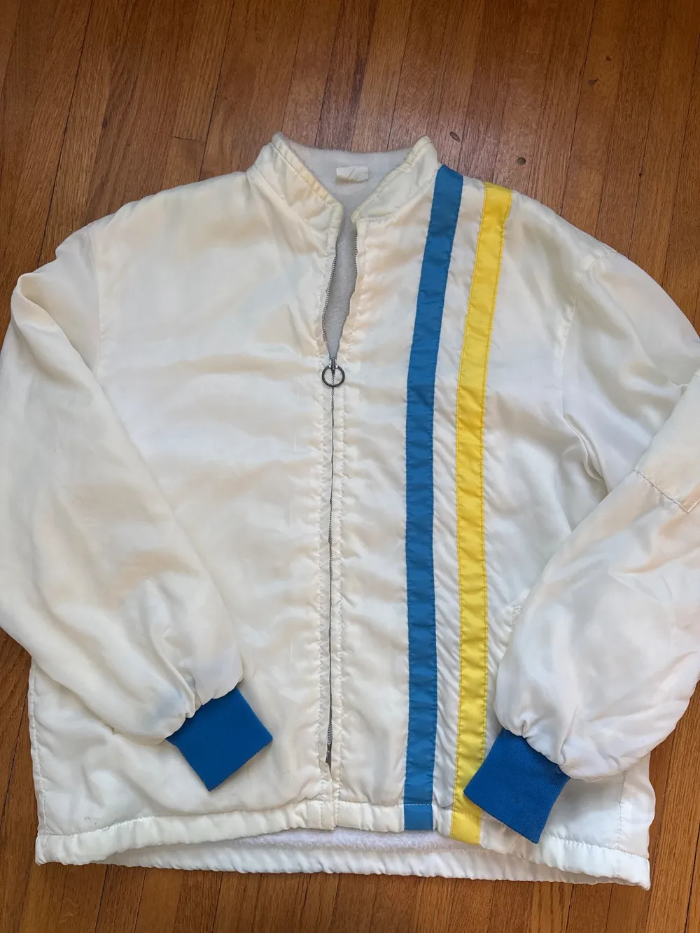 70s White Nylon Racer Jacket with Stripes and American Flag Patch photo 1