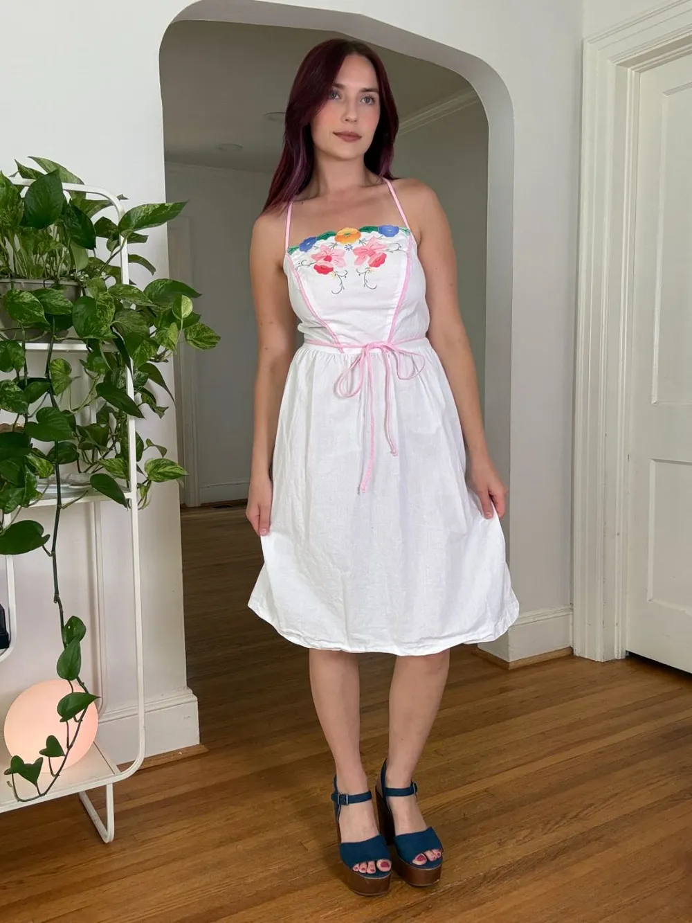 80s/90s White Floral Embroidered Wrap Dress photo 1