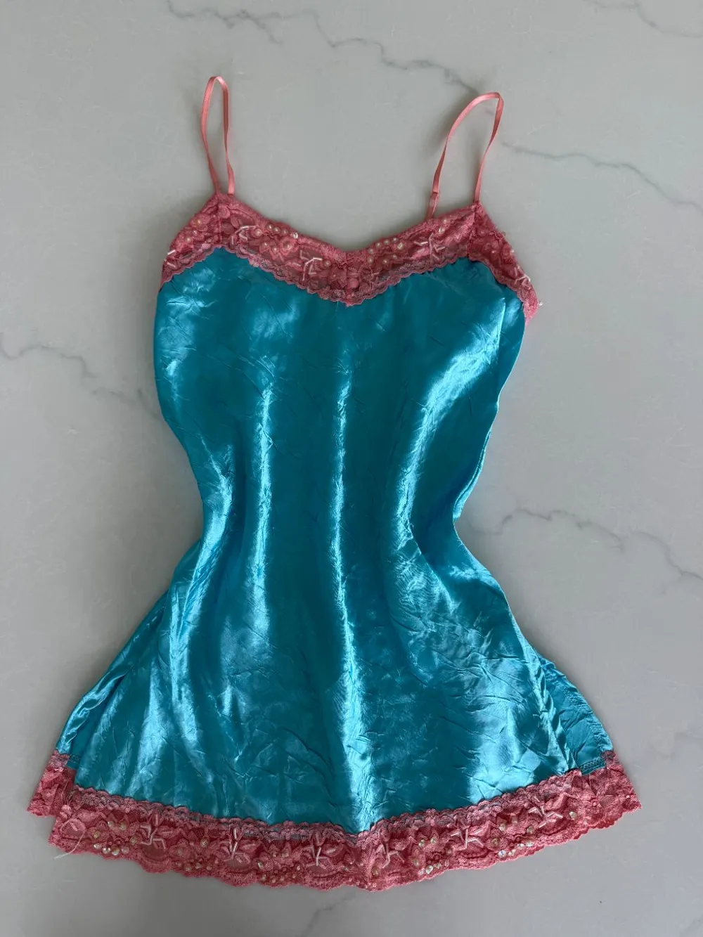 Y2K Turquoise Slip with Pink Lace Trim & Sequins photo 1