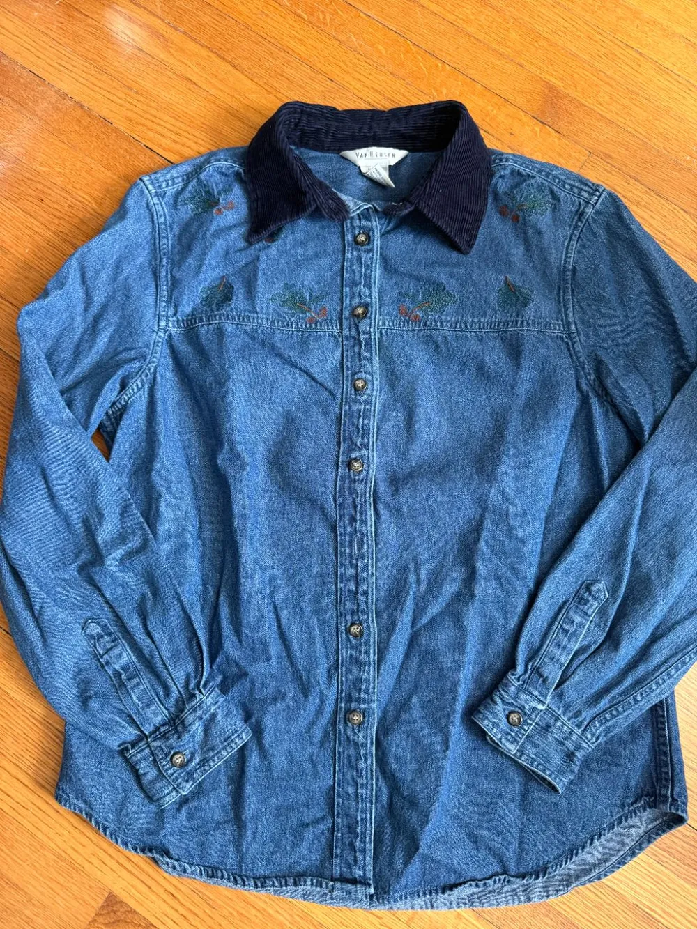 90s Denim Button-Down with Leaf Embroidery & Corduroy Collar photo 1