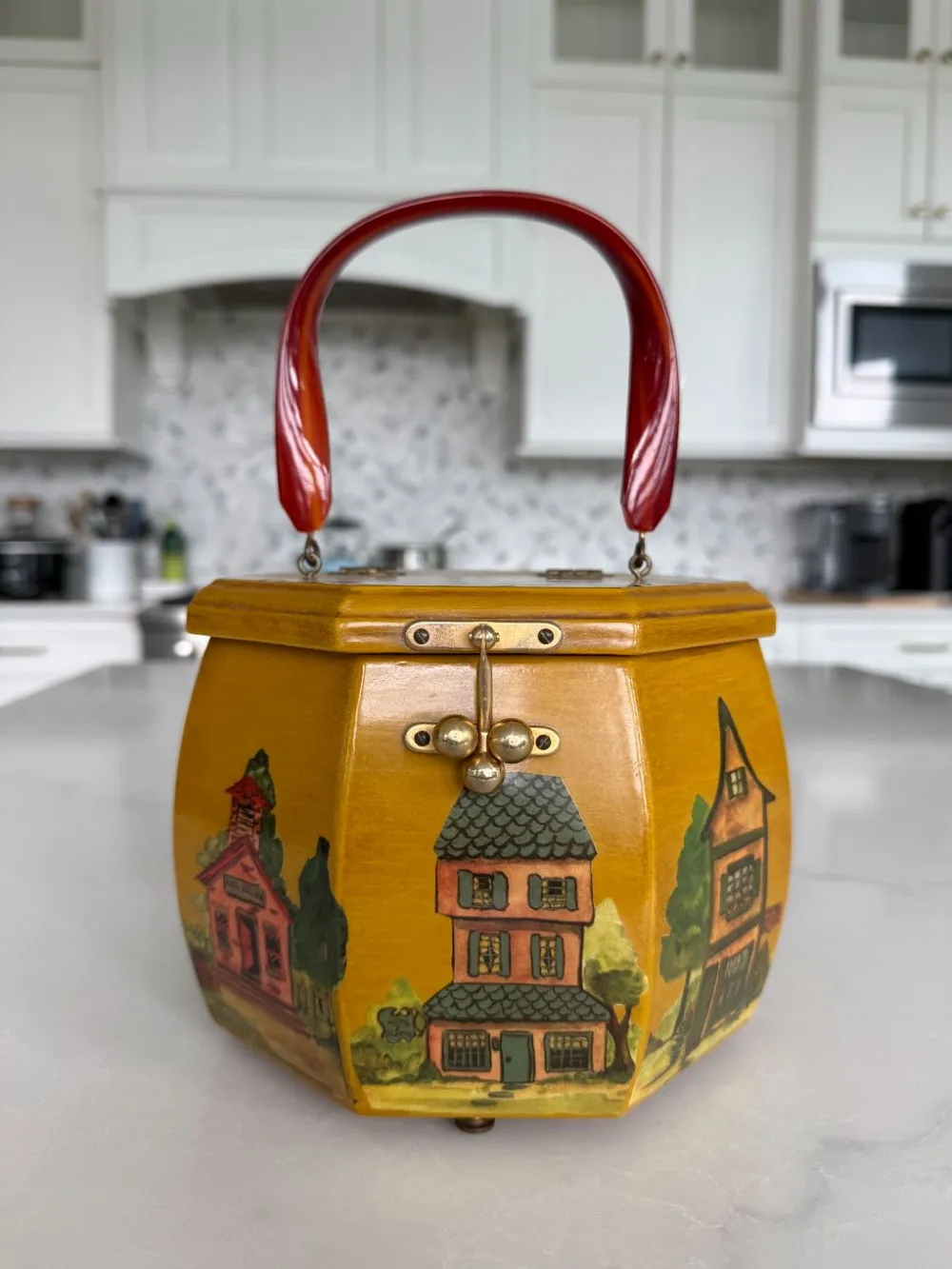 60s Octagonal Village Scene Wooden Purse photo 1