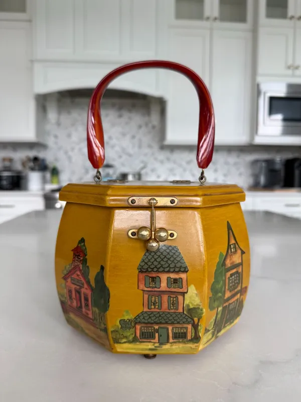 60s Octagonal Village Scene Wooden Purse
