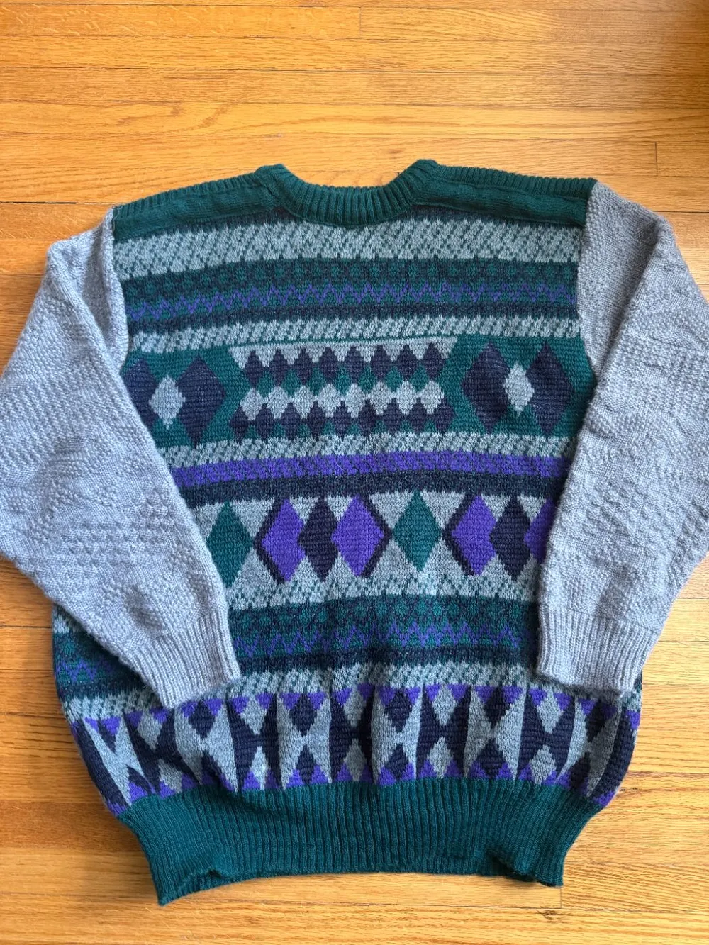 80s Hand-Knit Sweater (Grey, Purple & Green) photo 1