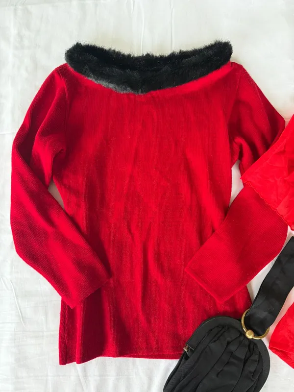 90s Red Sweater with Black Faux Fur Trim