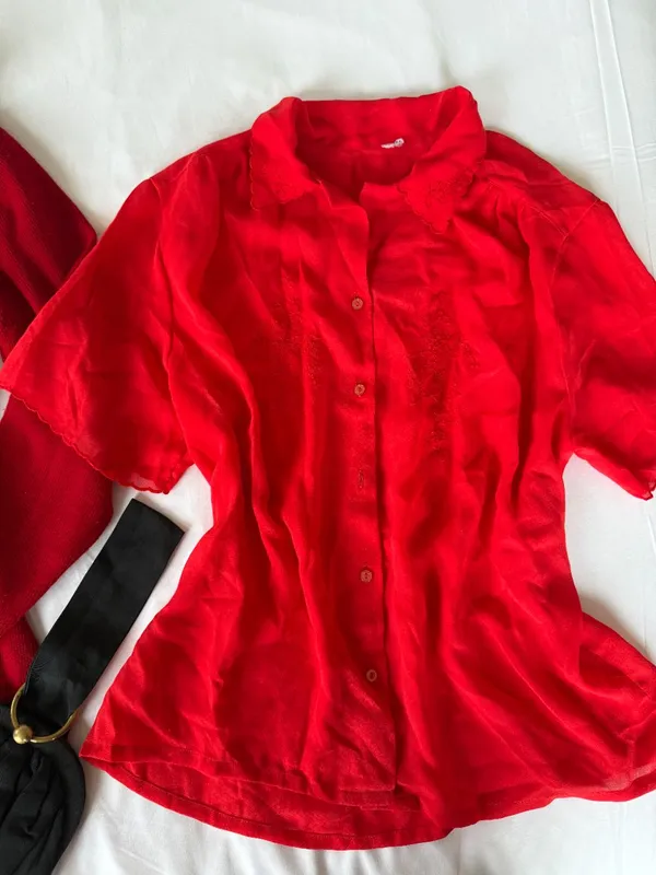 90s Red Silky Embroidered Top