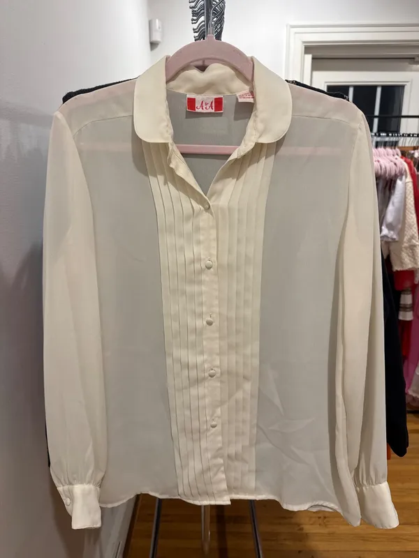 80s White Pleated Button Down Top