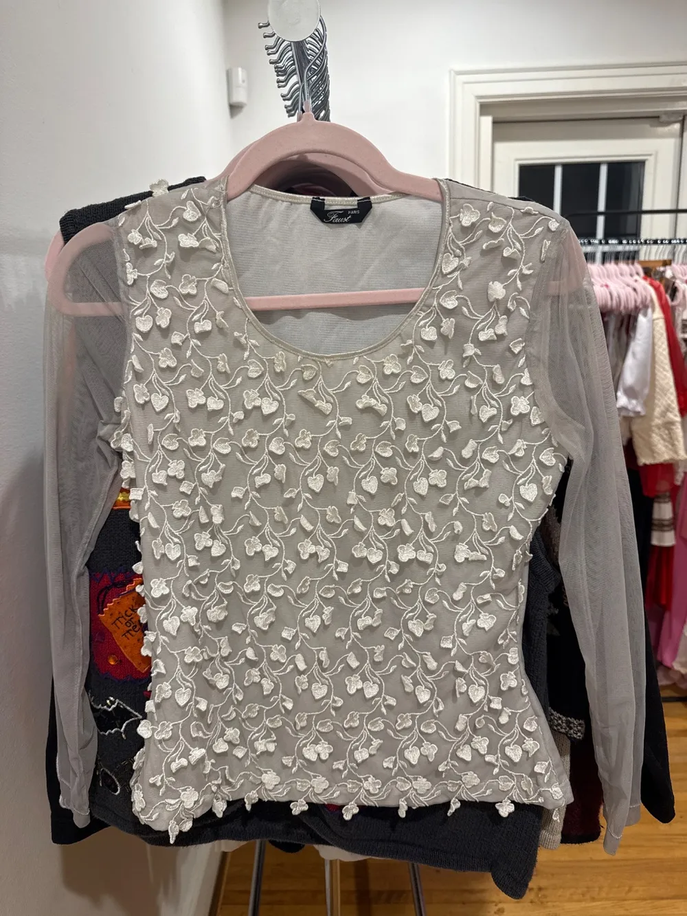 2000s Grey Mesh Sleeve Floral Top photo 1