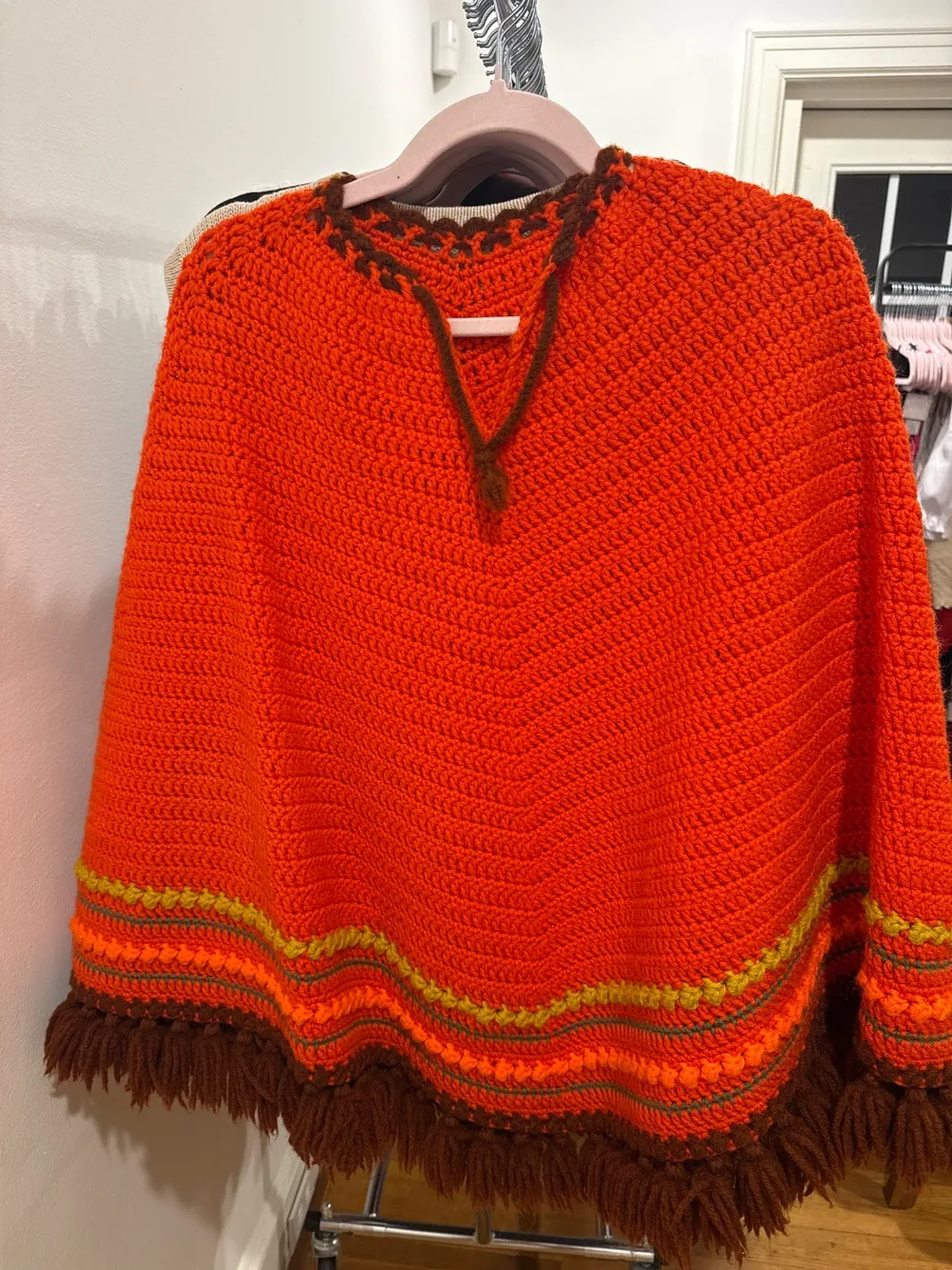70s Orange Knit Poncho Shawl photo 1