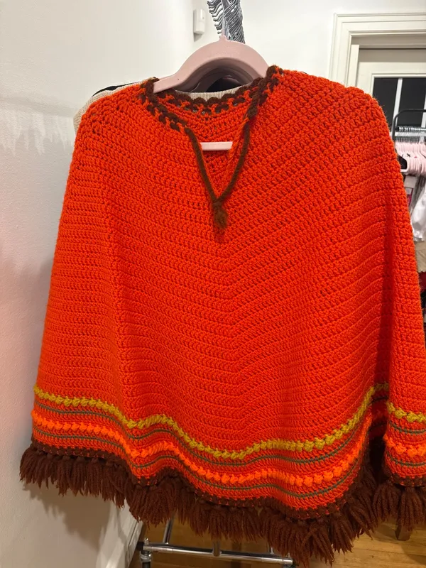 70s Orange Knit Poncho Shawl