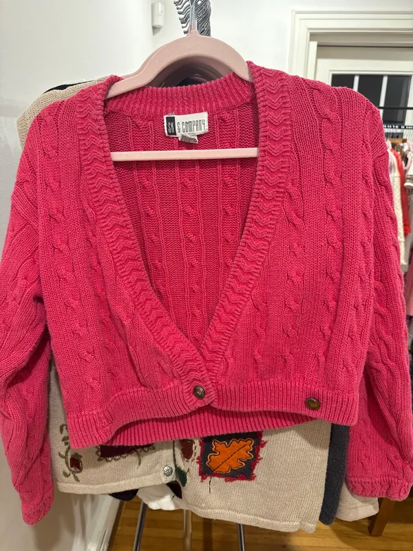 80s Hot Pink Cross-Over Cable Knit Cardigan