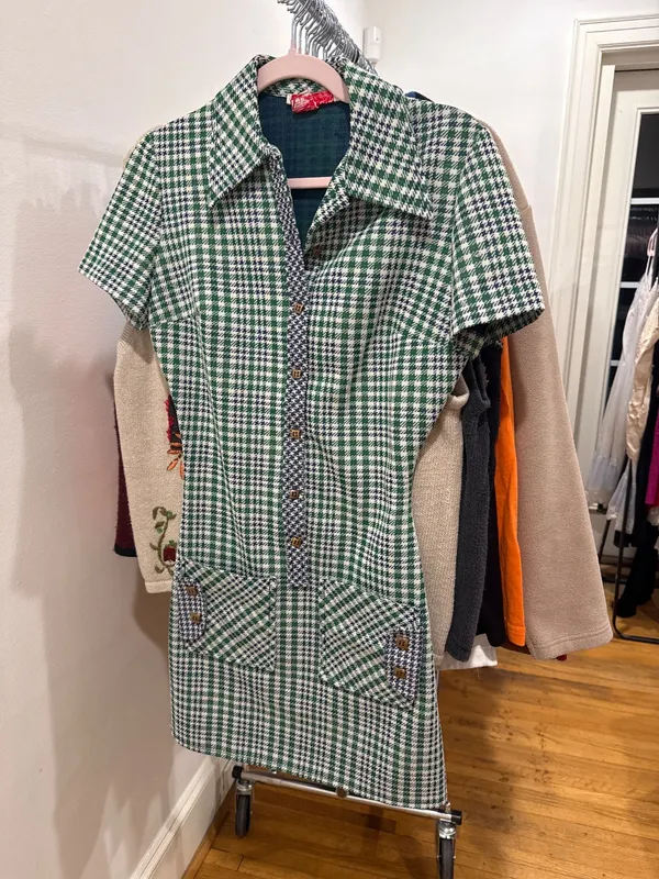 70s Green Plaid Mini Dress