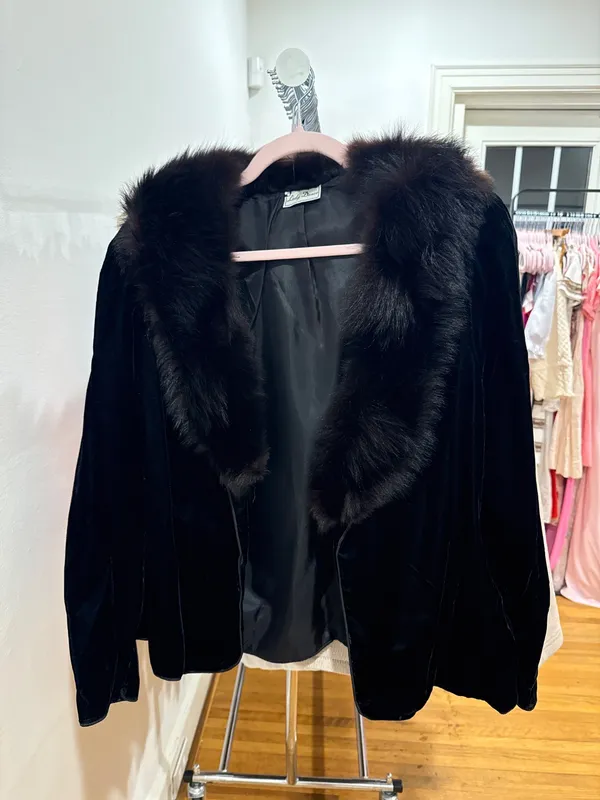 70s/80s Black Velvet Fur Collar Jacket