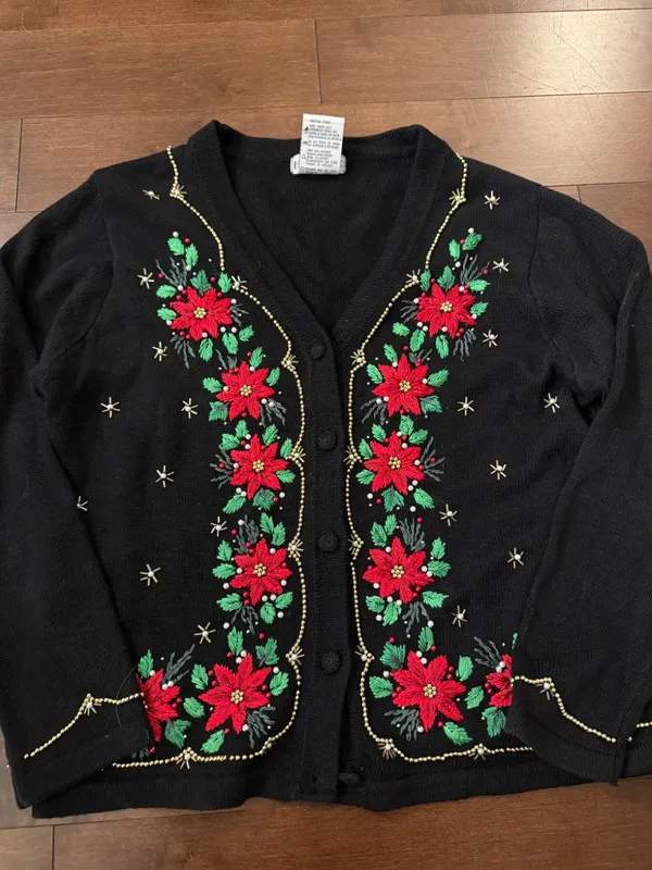 90s Christmas Holly Black Cardigan